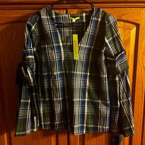 GIANNI BINI Serena Checked Bell Sleeve Blouse size xs NWT
